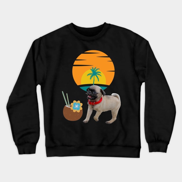 Tiny dog , coco drink and palm tree on sunset background . Crewneck Sweatshirt by KA&KO